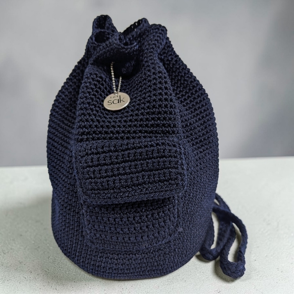 The Sak Navy Blue Dylan Crochet Drawstring Bucket Backpack Bag